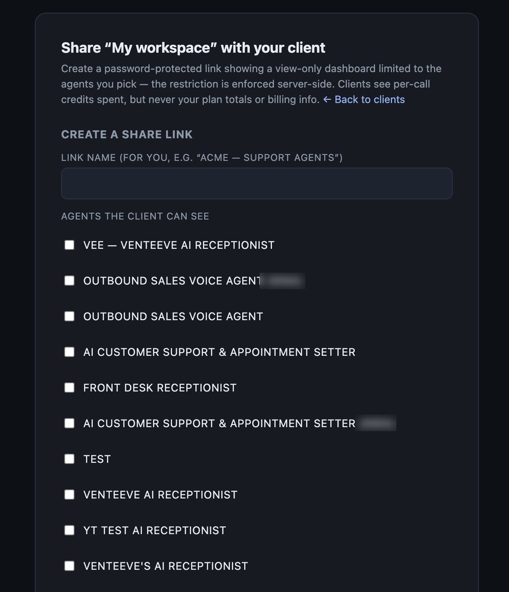 Share dialog for creating a password-protected client link, with checkboxes selecting exactly which agents the client is allowed to see.