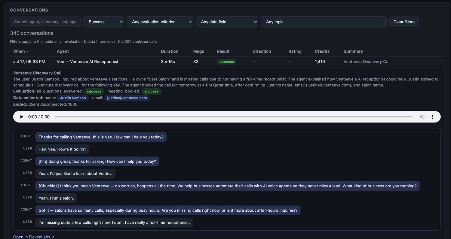 An expanded conversation row showing the call summary, evaluation results, collected data fields, an audio player and the full chat-style transcript between agent and caller.